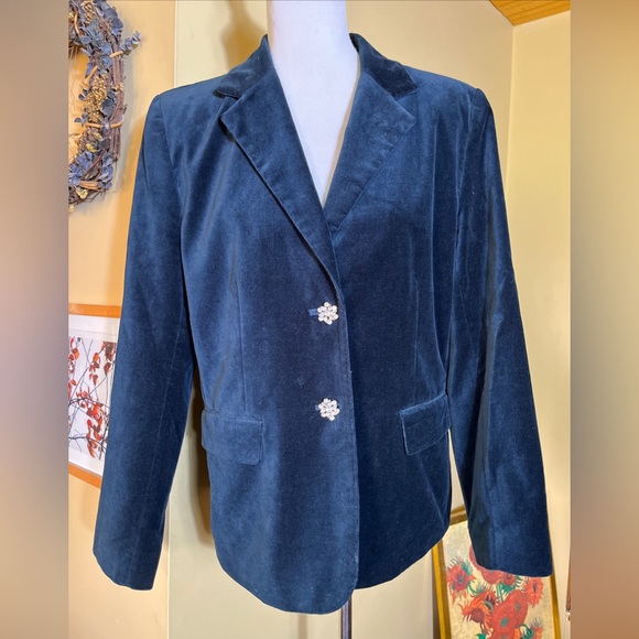 JUDITH HART Size 14 Green Velvet Blazer 2 Rhinestone Buttons Holiday Cotton $139 - Picture 2 of 12